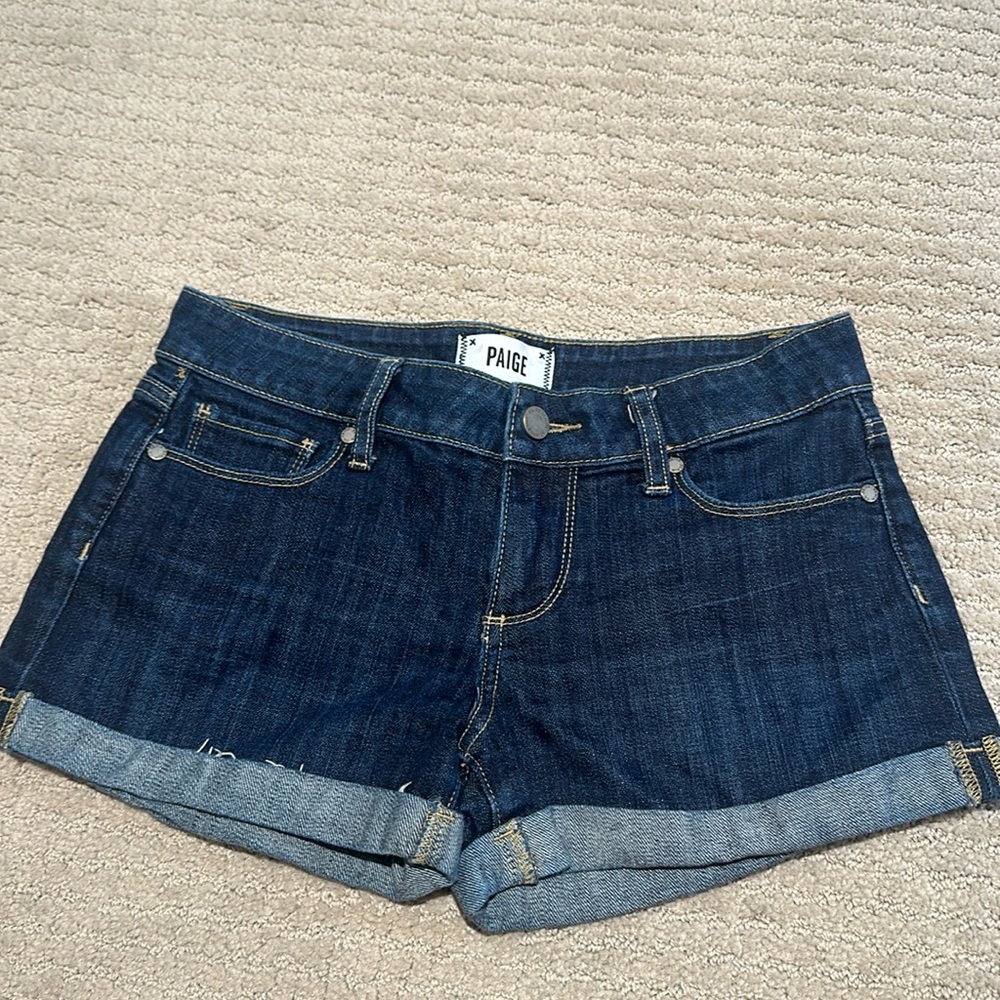PAIGE dark wash, stretch, cuffed denim shorts. Size 25, excellent condition!
